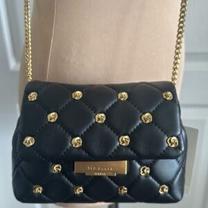 Ted Baker Ginn Leather Quilt Shoulder Rose Stud Chain Strap Black Mini Handbag